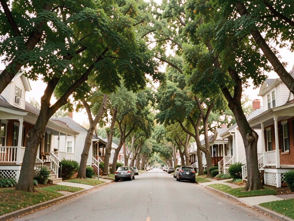 Tree-lined street of older bungalow homes in Boise, Idaho