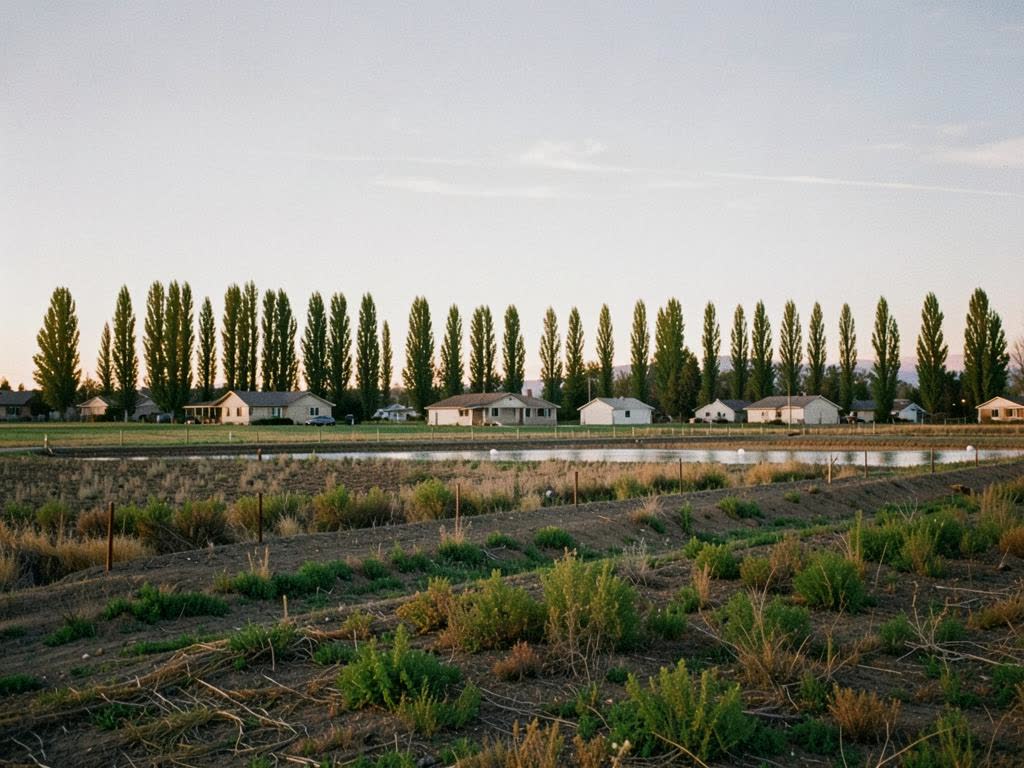 Irrigated fields and single story homes on the edge of Caldwell, Idaho