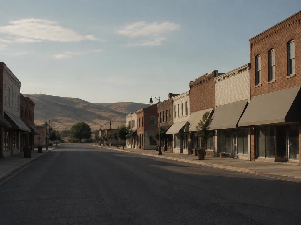 Brick storefronts on a quiet downtown street in Nampa, Idaho with dry hills beyond