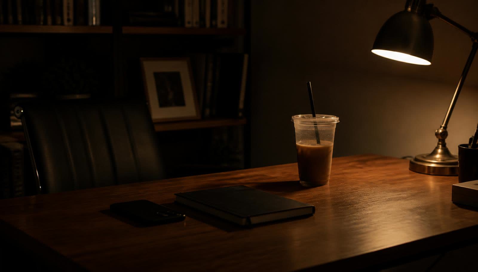A phone lying face down on a desk beside a closed notebook under a single lamp at night