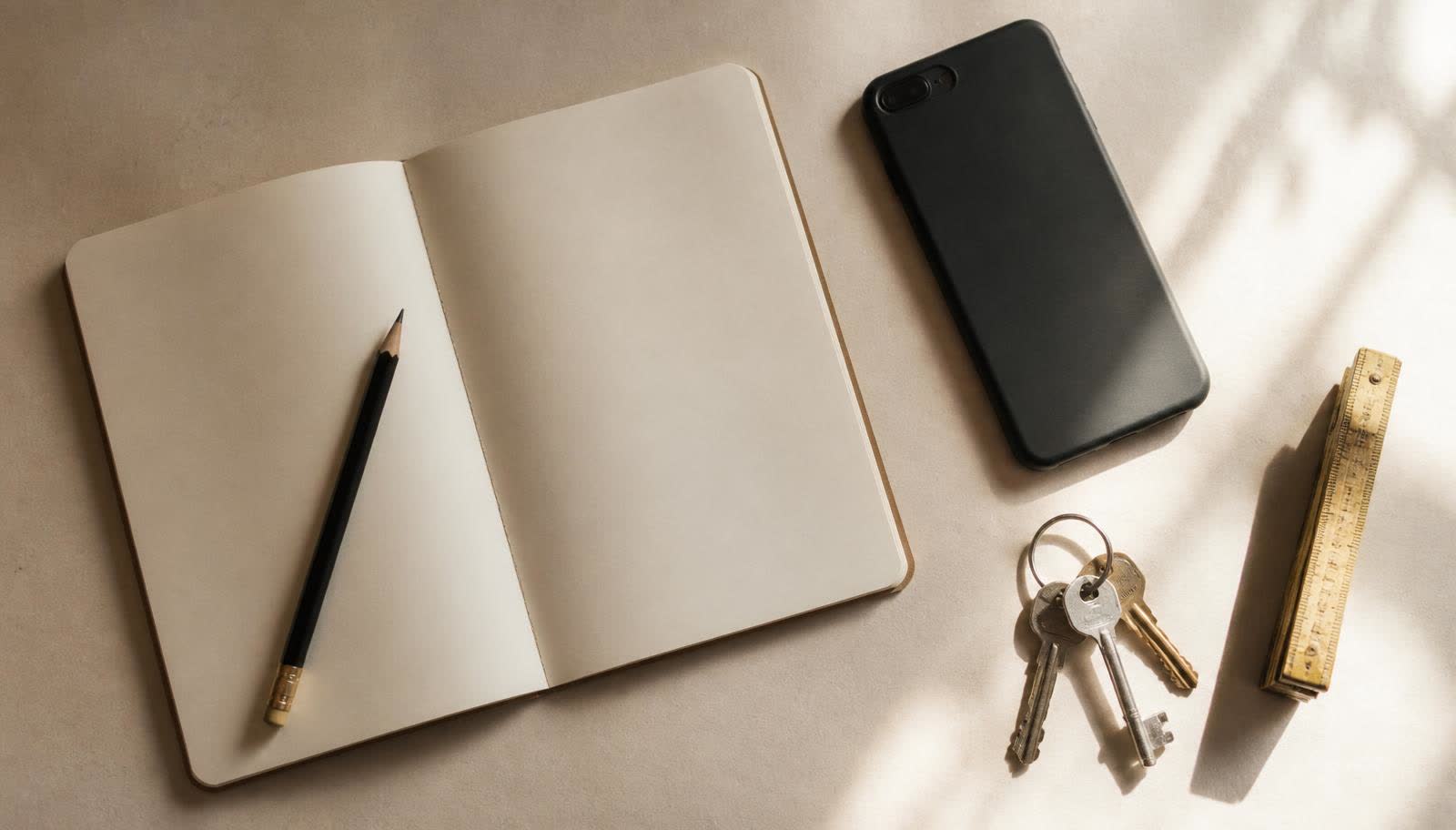 Notebook, pencil, phone and house keys laid out on a desk in daylight