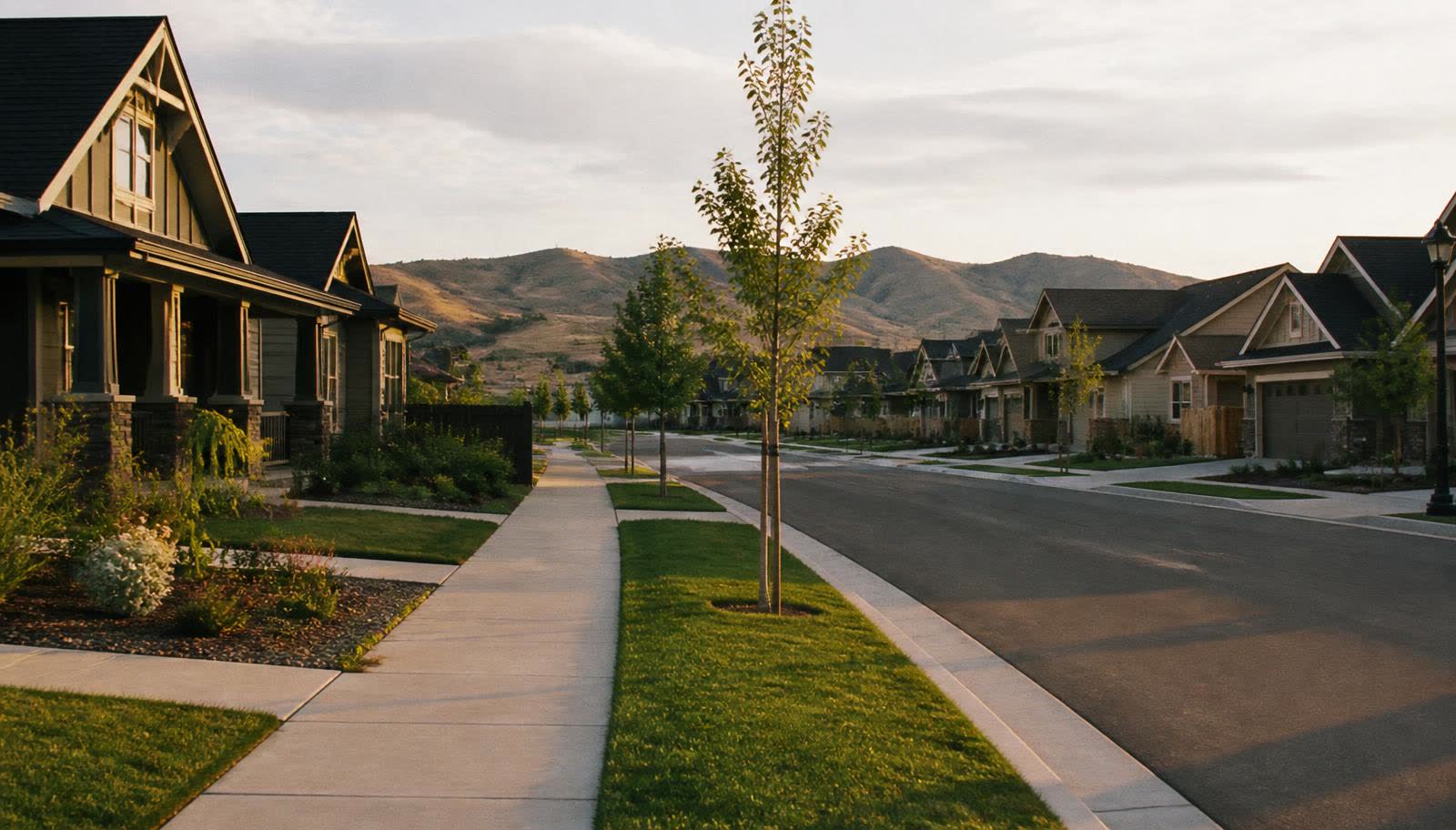 Evening light on a new-build residential street in Meridian, Idaho